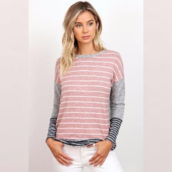 Stripe Long Sleeves Blouse Top Pink/Grey - Picture 3 of 3